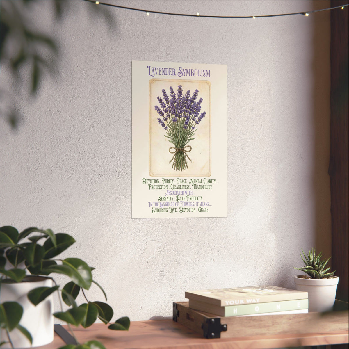 A framed lavender symbolism poster, hung on a light wall above a wooden shelf with books and small plants. The print shows a bouquet of lavender flowers with purple, green, and beige tones and decorative text.