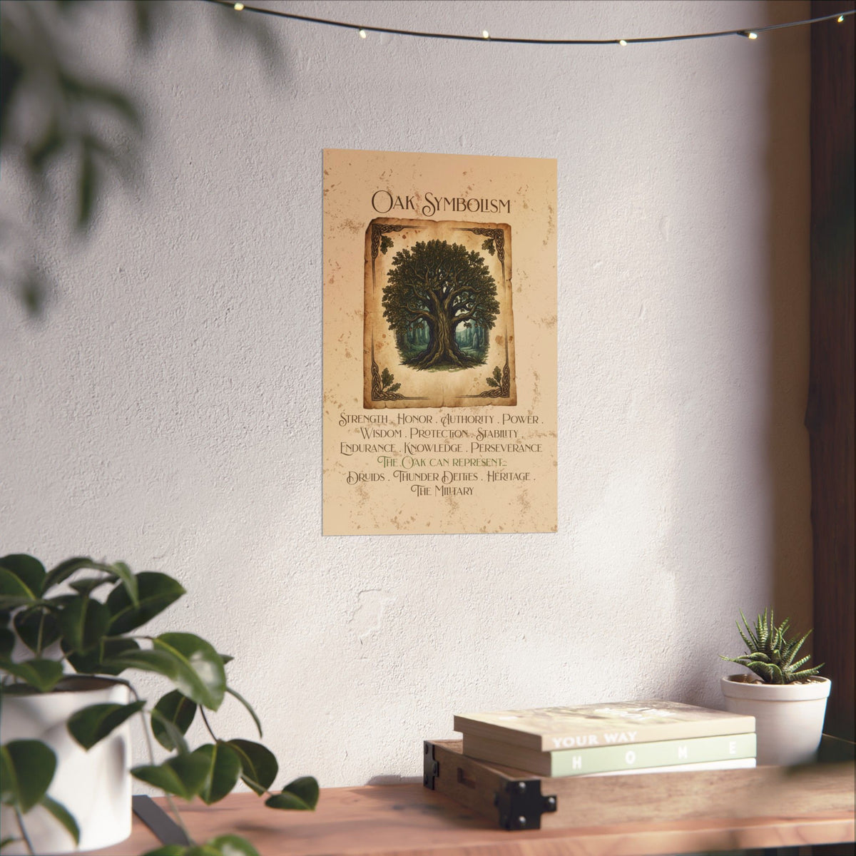 A vertical art print titled 'OAK SYMBOLISM' featuring a green tree illustration on a parchment-style beige background, hanging on a textured white wall above a wooden shelf with books and plants.