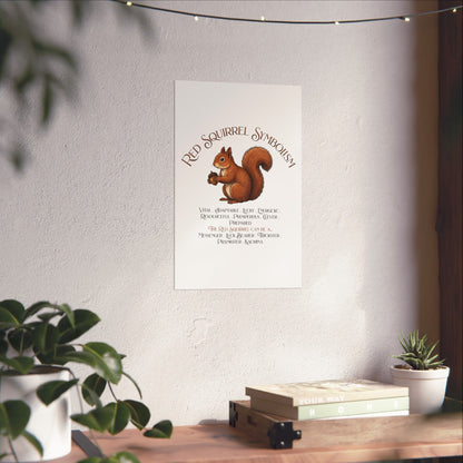 A vertical wall art print featuring a squirrel illustration and the text 'RED SQUIRREL SYMBOLISM' displayed in a styled interior setting with plants and a wooden console table.