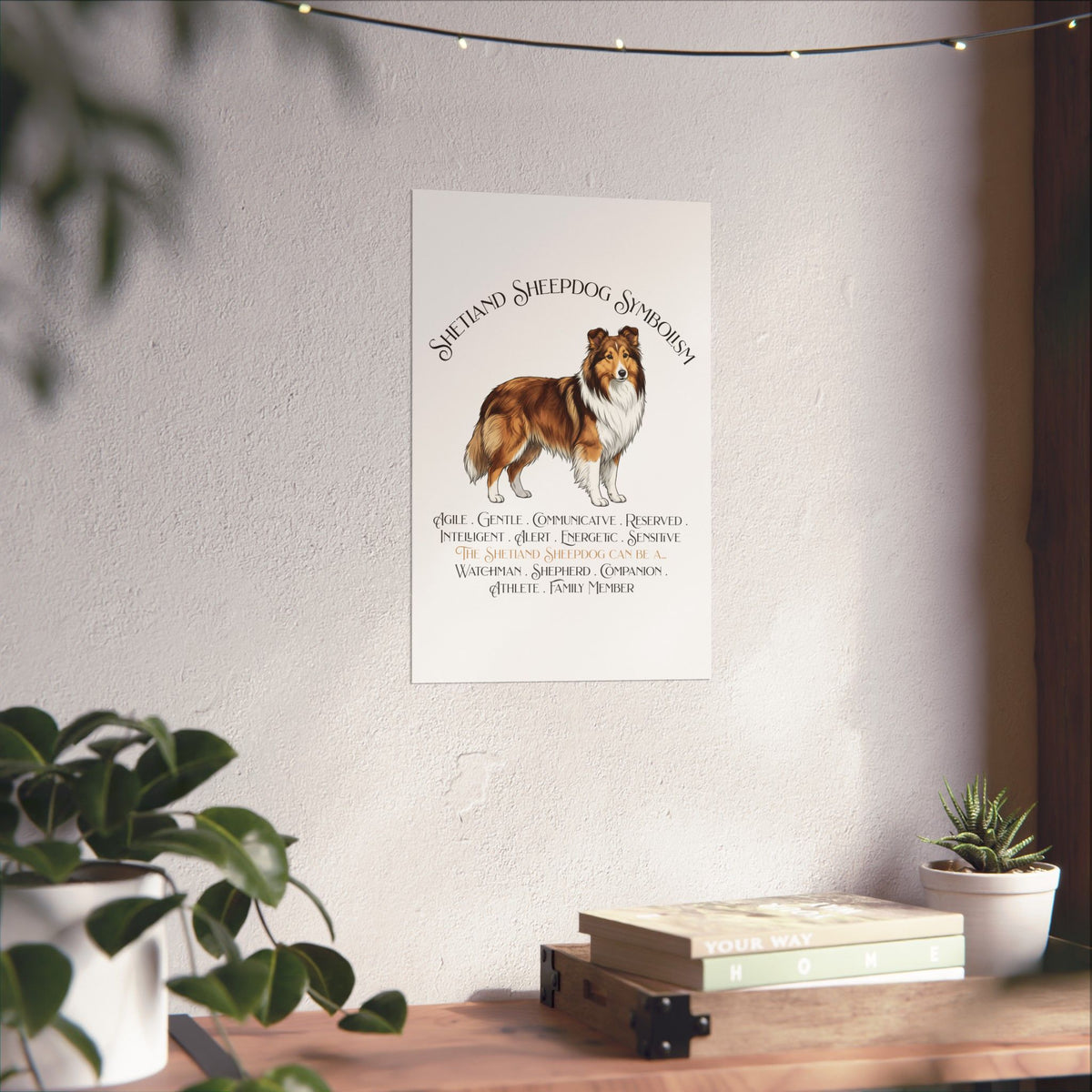 A vertical wall poster featuring an illustration of a Sheltie with the text 'Shetland Shepherd Symbolism' and a list of traits, displayed on a light wall in a styled room with plants and a wooden shelf.
