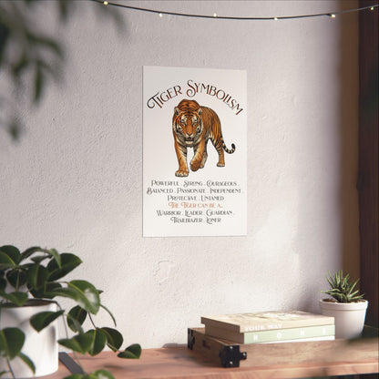 A vertical wall art print featuring a tiger illustration and the text 'TIGER SYMBOLISM' hangs on a textured off-white wall above a wooden shelf with books and small plants.