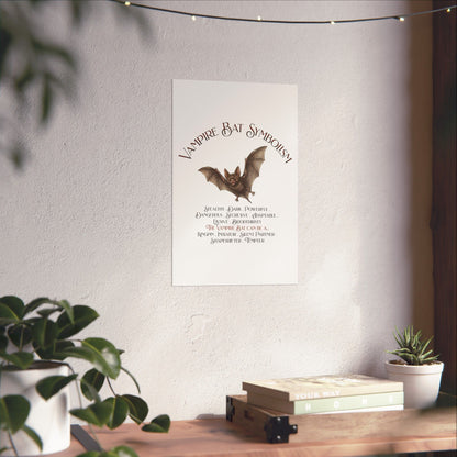 A vertical wall poster featuring 'Vampire Bat Symbolism' with an illustration of a bat and a list of symbolic qualities, displayed on a wall above a wooden console table with plants.