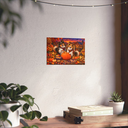 A rectangular wall art print showing two shelties carving a jack o' lantern, displayed on a white wall above a wooden surface with books and small plants.