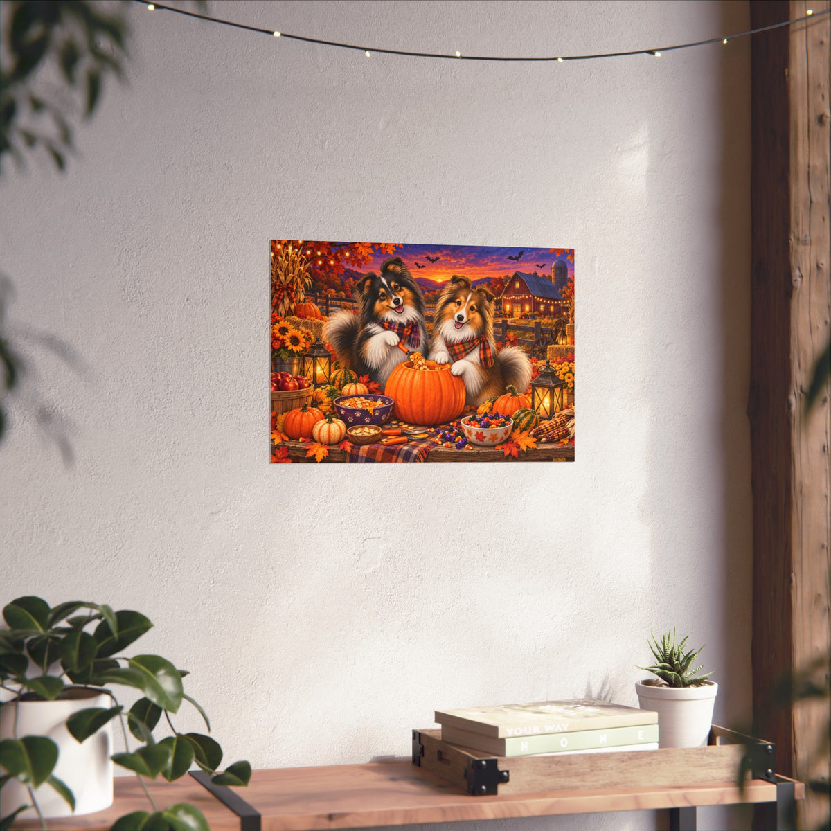 A rectangular wall art print showing two shelties carving a jack o' lantern, displayed on a white wall above a wooden surface with books and small plants.