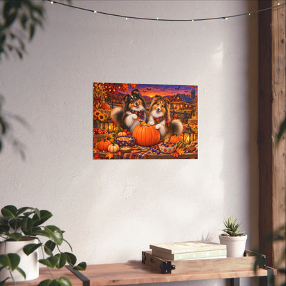 A rectangular wall art print showing two shelties carving a jack o' lantern, displayed on a white wall above a wooden surface with books and small plants.