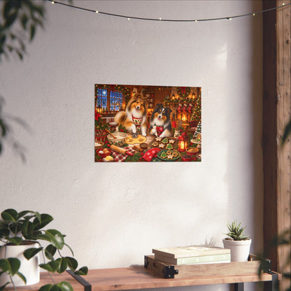 A rectangular wall art print showing two shelties baking and decorating cookies at a festive holiday table, displayed on a textured white wall above a wooden surface with books, a small plant, and hanging string lights.