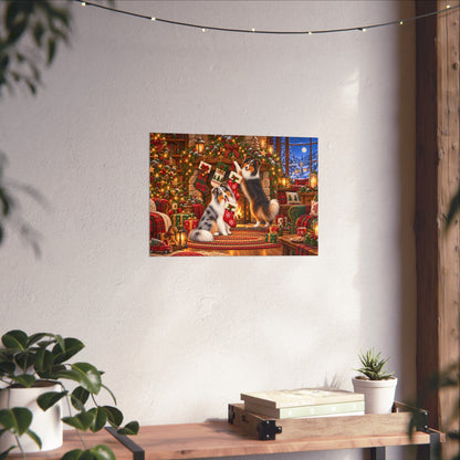 A rectangular wall art print showing a festive Christmas scene with shelties hanging stockings, displayed on a textured off-white wall above a wooden table with books and small potted plants.