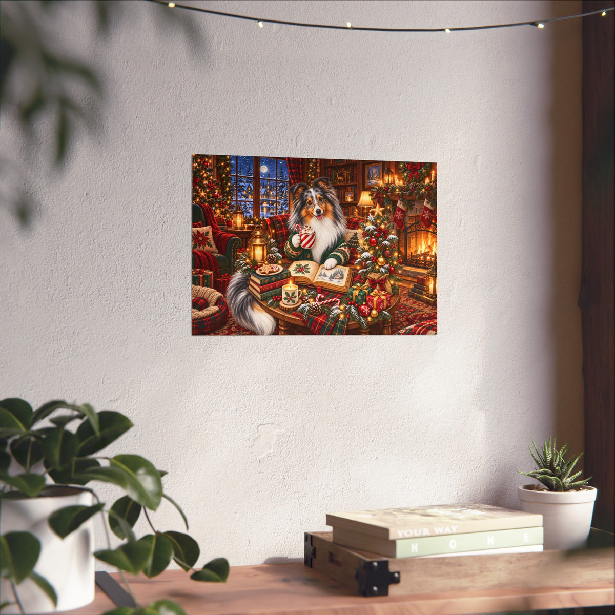 A rectangular wall art print showing a merle sheltie dressed in a green Christmas sweater and holding an open book and a candy cane striped mug of cocoa, surrounded by warm holiday lights and decorations, displayed on a textured off-white wall above a wooden table with books and small plants.