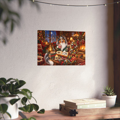 A rectangular wall art print showing a merle sheltie dressed in a green Christmas sweater and holding an open book and a candy cane striped mug of cocoa, surrounded by warm holiday lights and decorations, displayed on a textured off-white wall above a wooden table with books and small plants.