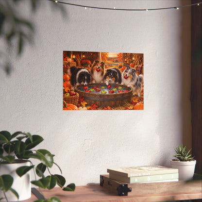 A rectangular wall art print showing four shelties bobbing for apples in an autumn harvest barn, displayed on a white wall above a shelf with books and potted plants.