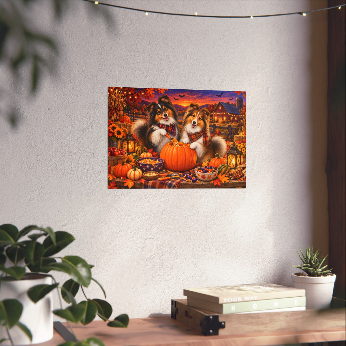 A rectangular wall art print showing two shelties carving a jack o' lantern, displayed on a white wall above a wooden surface with books and small plants.
