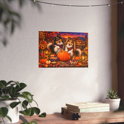 A rectangular wall art print showing two shelties carving a jack o' lantern, displayed on a white wall above a wooden surface with books and small plants.