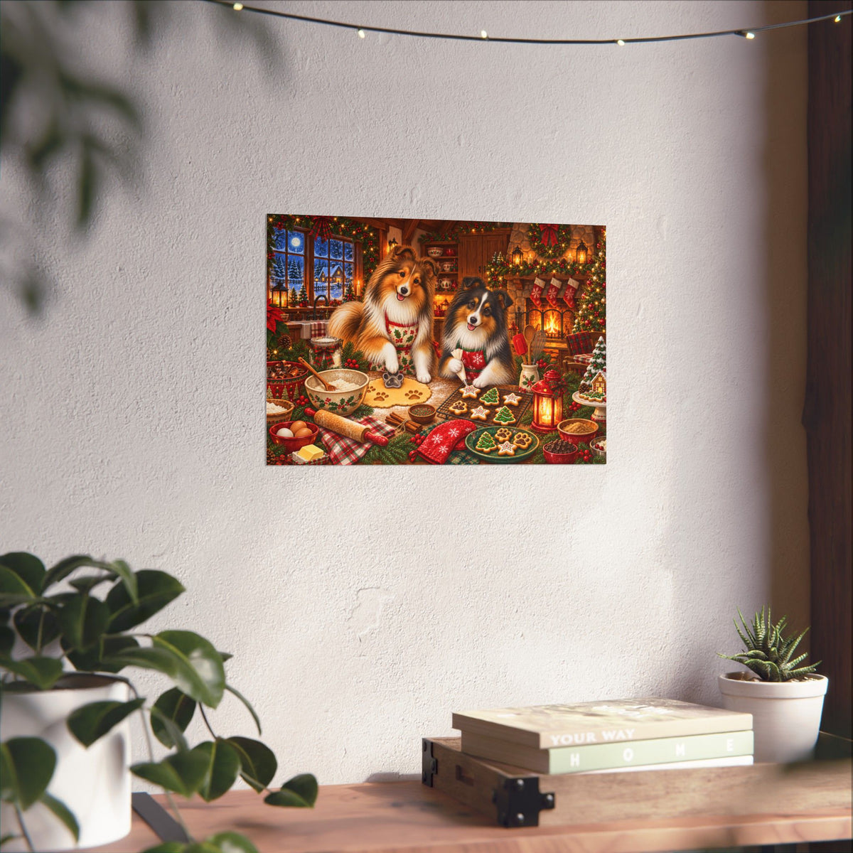A rectangular wall art print showing two shelties baking and decorating cookies at a festive holiday table, displayed on a textured white wall above a wooden surface with books, a small plant, and hanging string lights.