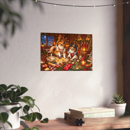 A rectangular wall art print showing two shelties baking and decorating cookies at a festive holiday table, displayed on a textured white wall above a wooden surface with books, a small plant, and hanging string lights.