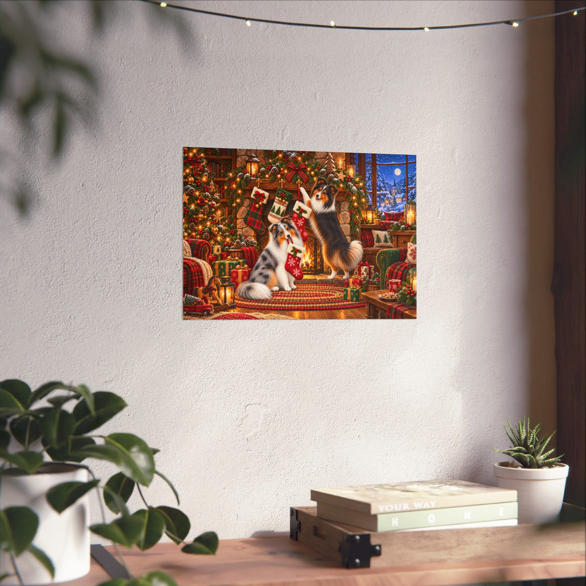 A rectangular wall art print showing a festive Christmas scene with shelties hanging stockings, displayed on a textured off-white wall above a wooden table with books and small potted plants.