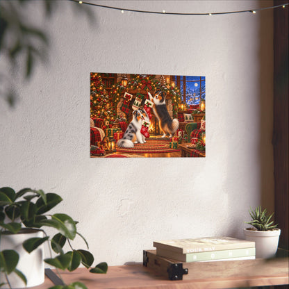 A rectangular wall art print showing a festive Christmas scene with shelties hanging stockings, displayed on a textured off-white wall above a wooden table with books and small potted plants.