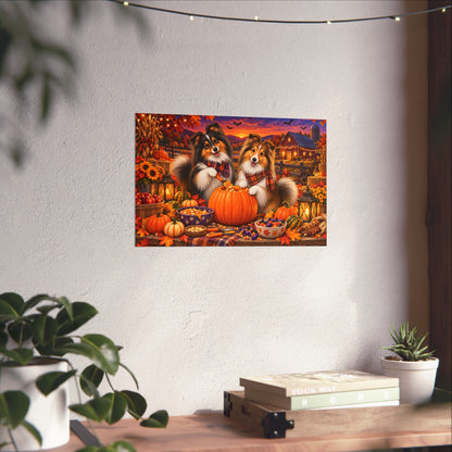 A rectangular wall art print showing two shelties carving a jack o' lantern, displayed on a white wall above a wooden surface with books and small plants.