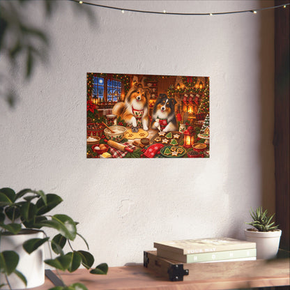 A rectangular wall art print showing two shelties baking and decorating cookies at a festive holiday table, displayed on a textured white wall above a wooden surface with books, a small plant, and hanging string lights.