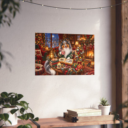 A rectangular wall art print showing a cozy Christmas scene with merle sheltie, displayed on a textured off-white wall above a wooden table with books and a small plant.