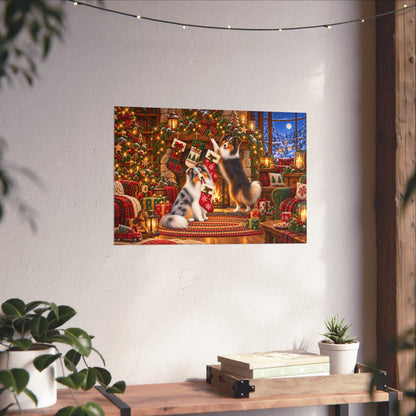 A rectangular wall art print showing a festive Christmas scene with shelties hanging stockings, displayed on a textured off-white wall above a wooden table with books and small potted plants.