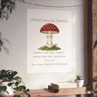 A vertical wall art print featuring a mushroom illustration and the text 'Amanita muscaria Symbolism' in a styled interior setting with a wooden shelf, books, and potted plants.
