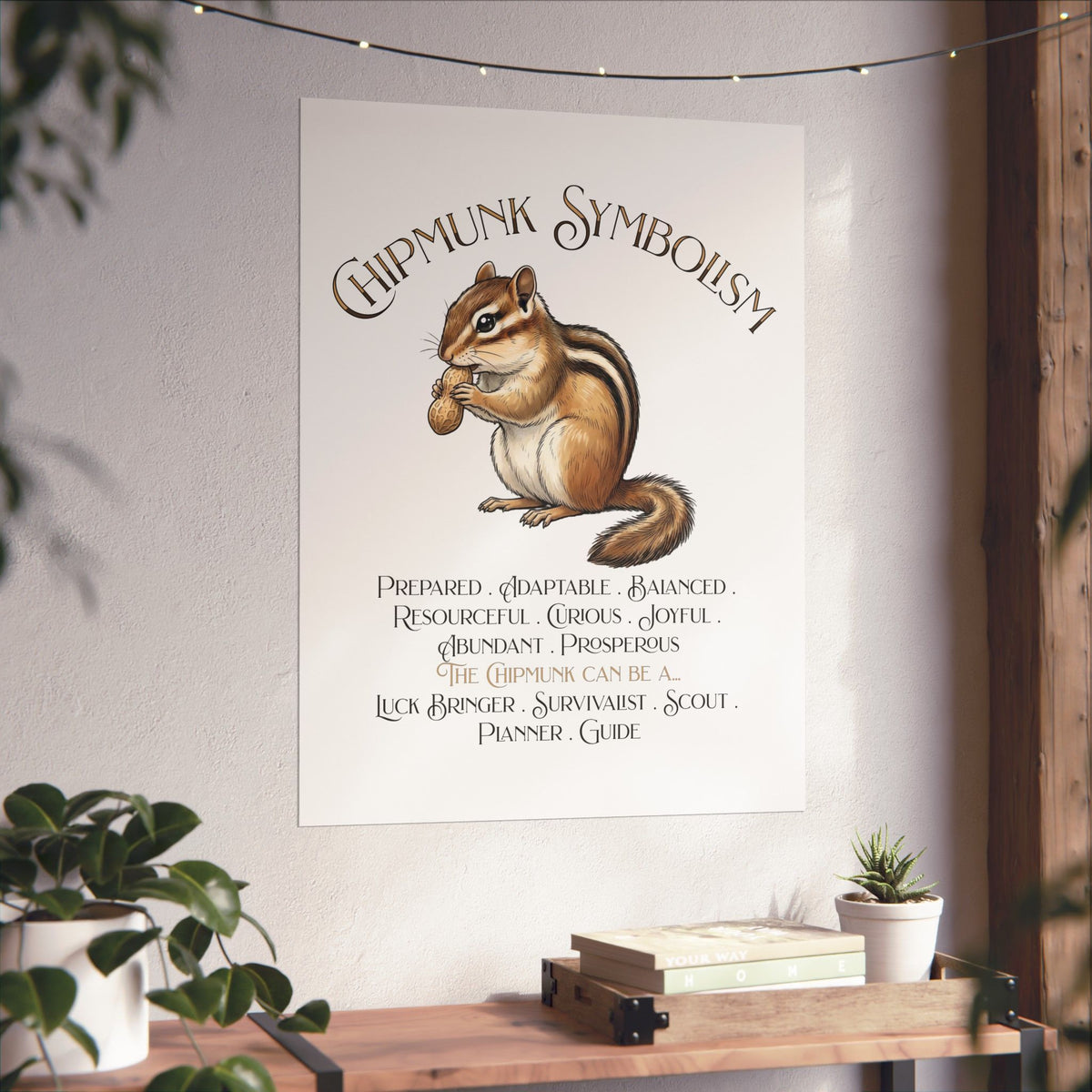 A vertical wall poster featuring a chipmunk illustration and the text 'CHIPMUNK SYMBOLISM' with additional text below, displayed on a light wall above a wooden shelf with plants and books.