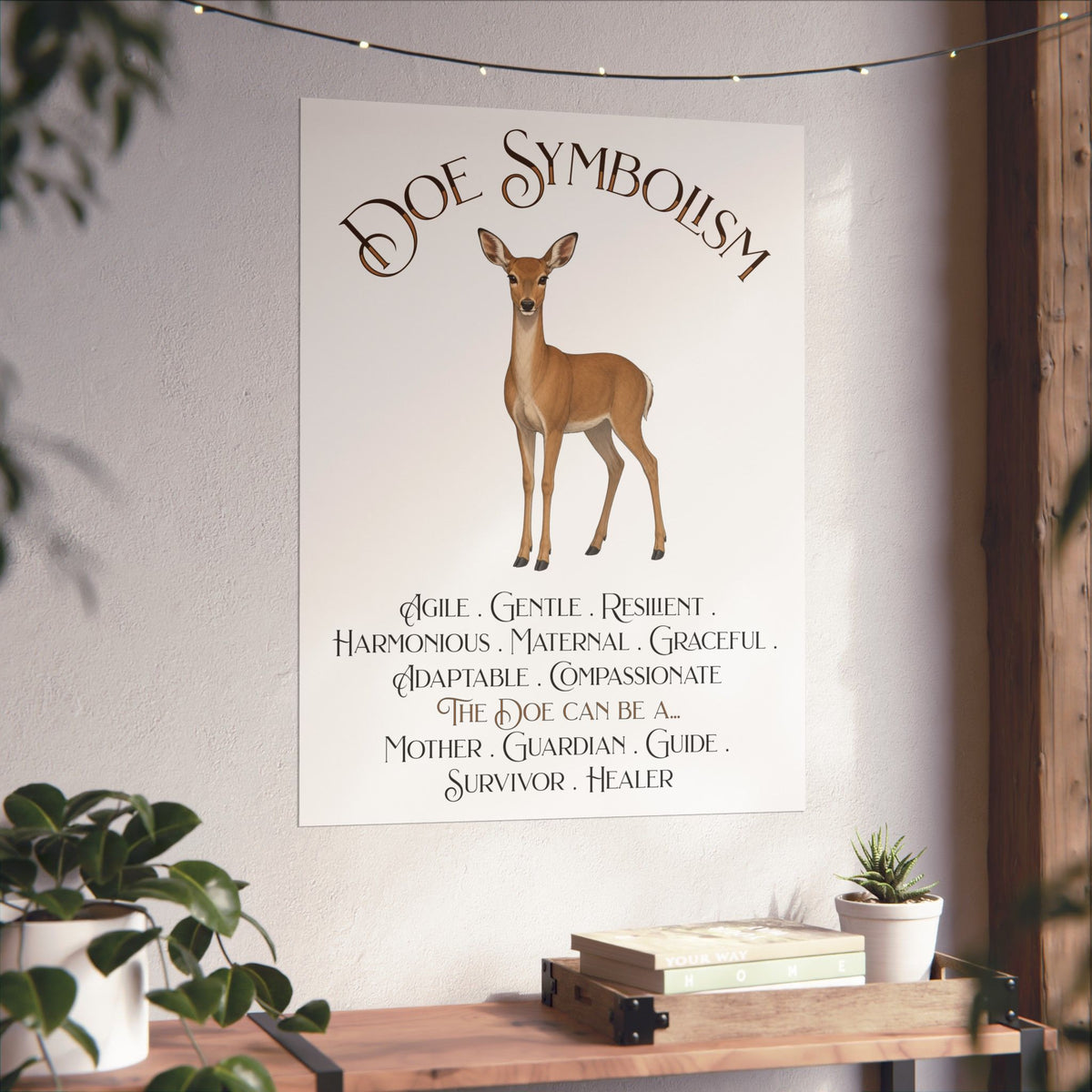 A vertical wall art print featuring the text 'DOE SYMBOLISM' above an illustration of a deer and a list of qualities for the doe, displayed on a textured wall in a styled interior setting with plants and a wooden shelf.