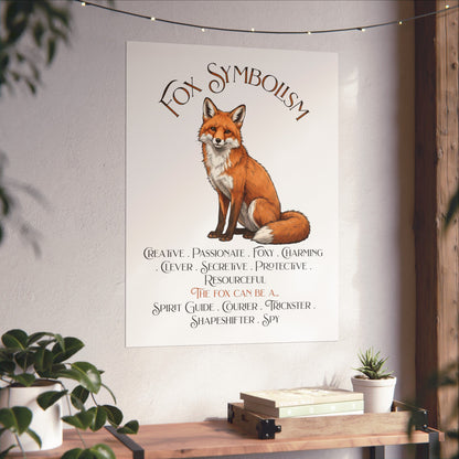 A vertical wall art print featuring a fox illustration and the text 'Fox Symbolism' displayed in a styled interior setting with plants and a wooden shelf.