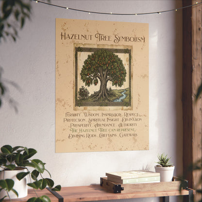 A wall poster featuring a Hazelnut Tree illustration and the text 'Hazelnut Tree Symbolism,' displayed on a white wall above a wooden console with books and small plants.