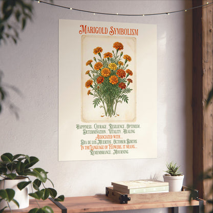 A vertical wall poster titled 'Marigold Symbolism' featuring a vintage-style illustration of orange and yellow marigold flowers with green leaves, displayed on a textured wall above a wooden console table with plants.