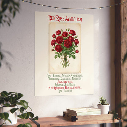 A vertical wall art print featuring a vintage-style illustration of red roses with the text 'RED ROSE SYMBOLISM' and romantic definitions beneath, displayed on a light wall above a wooden console with plants and books.