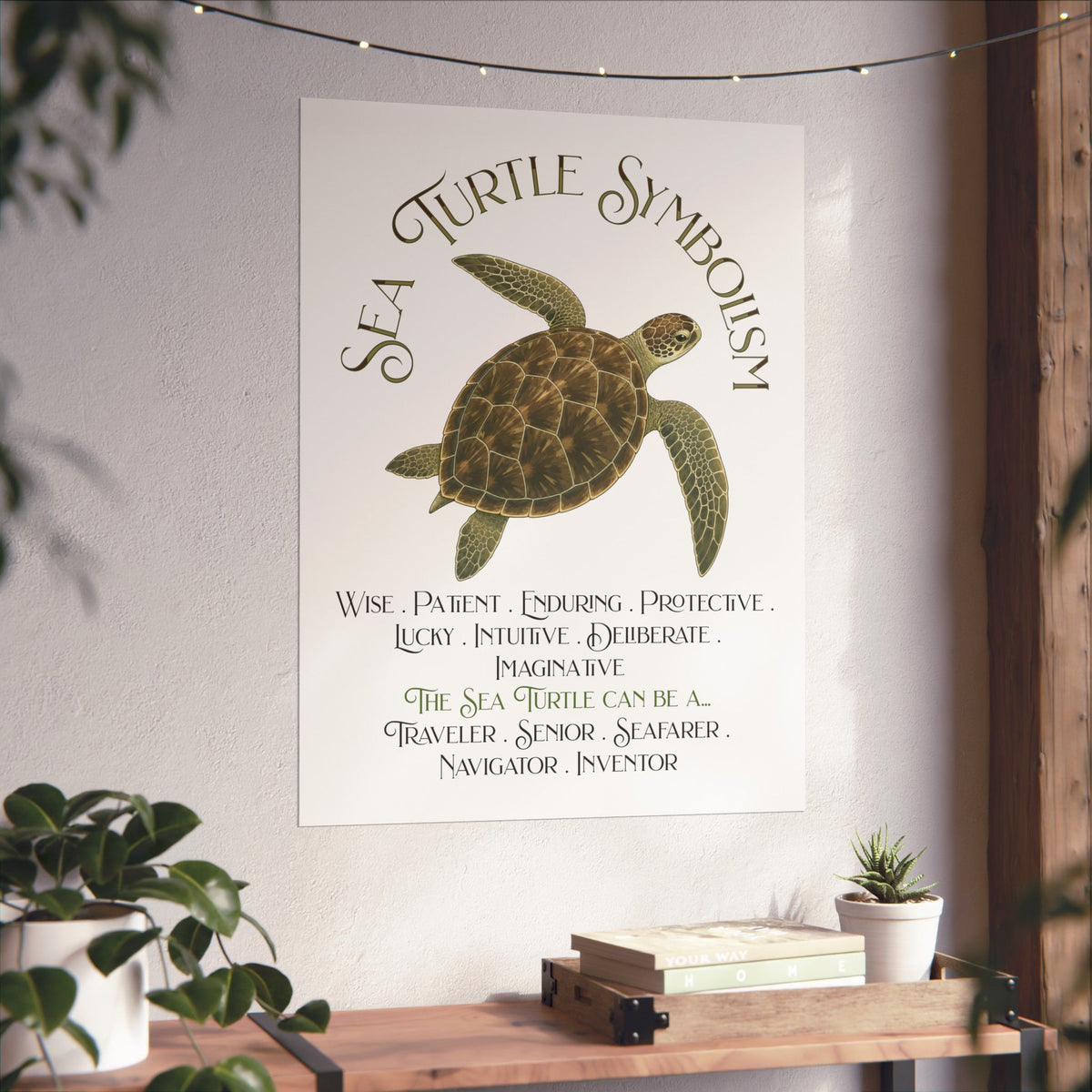 A vertical wall art print featuring a sea turtle illustration and the words 'Sea Turtle Symbolism' with descriptive text below, displayed on a wall above a wooden shelf with plants and books.