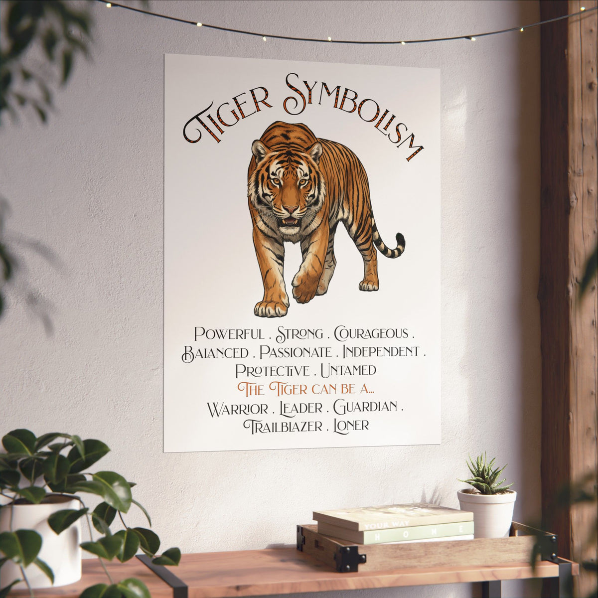 A vertical wall poster featuring an illustration of a tiger and the text 'TIGER SYMBOLISM' with descriptive adjectives and traits, displayed on a textured white wall in a styled room setting with plants and a wooden shelf.