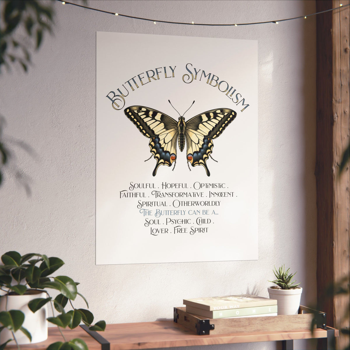 A vertical wall art print featuring a large butterfly illustration and the words 'Butterfly Symbolism' with a list of symbolic meanings below, displayed on a light wall above a wooden console with plants and books.