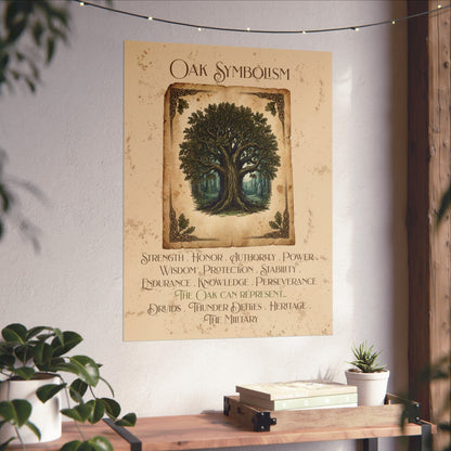 A vertical wall art print titled 'Oak Symbolism' featuring an illustrated oak tree in a forest with a list of symbolic qualities below, displayed on a light wall above a wooden console with plants.