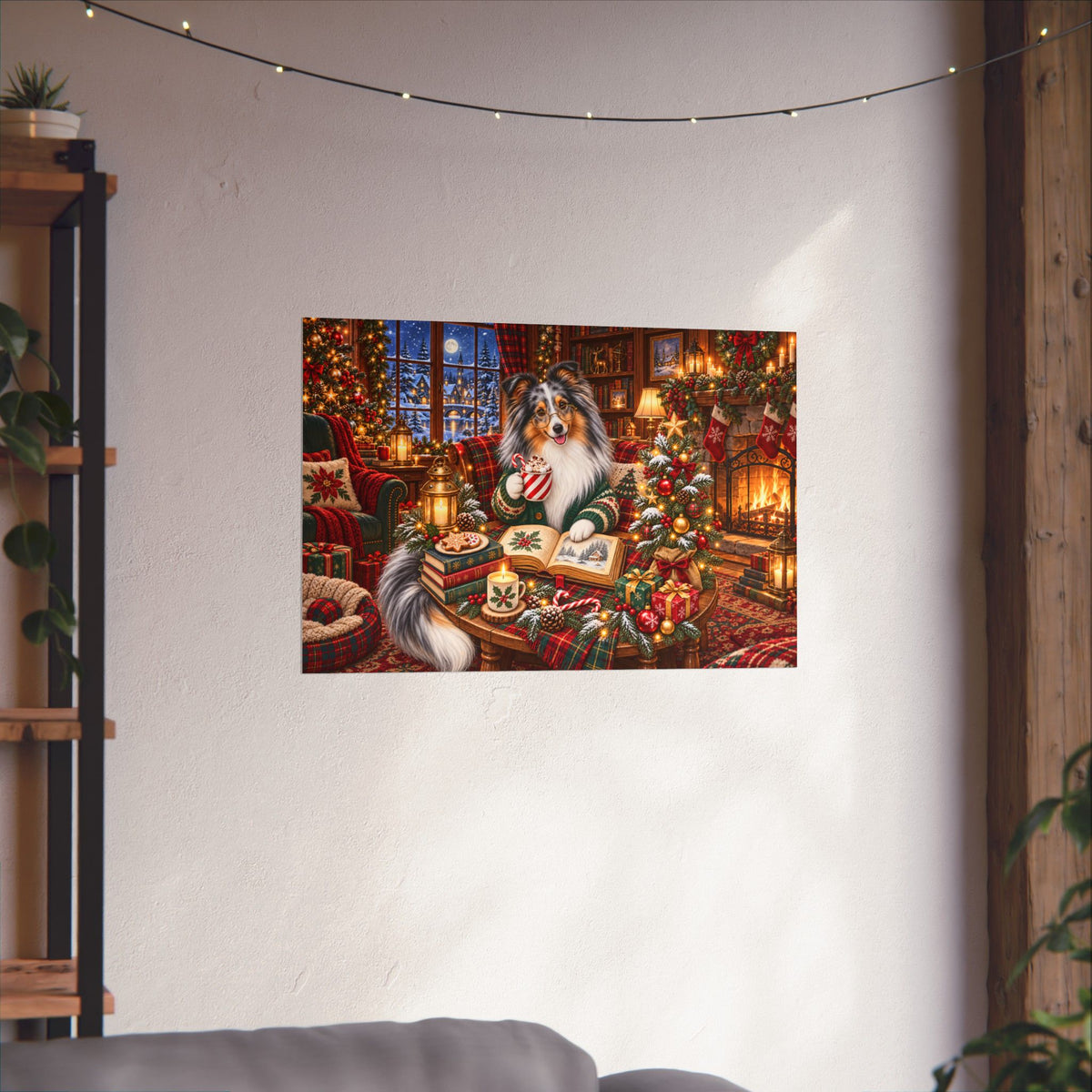 A rectangular wall art print showing a sheltie dressed in a Christmas sweater and sitting in a cozy decorated living room with holiday lights, ornaments, and gifts, displayed on a white wall above a sofa.