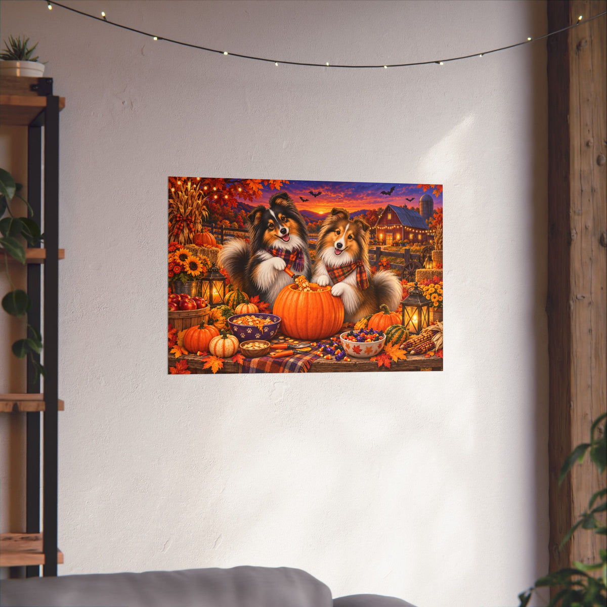 A rectangular wall art print showing two shelties carving a jack o' lantern, displayed on a white wall in a real interior with string lights, plants, and furniture partially visible.