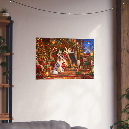 A rectangular wall art print showing two shelties hanging stockings in a cozy Christmas living room scene, displayed on a white wall above a sofa in a styled interior.