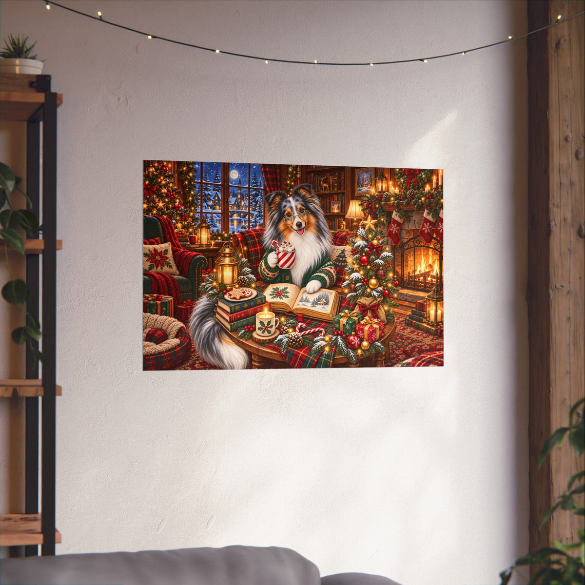 A rectangular wall art print showing a merle sheltie dressed in a Christmas sweater sitting in a cozy decorated living room, displayed on a white wall above a sofa with string lights and plants on shelves nearby.