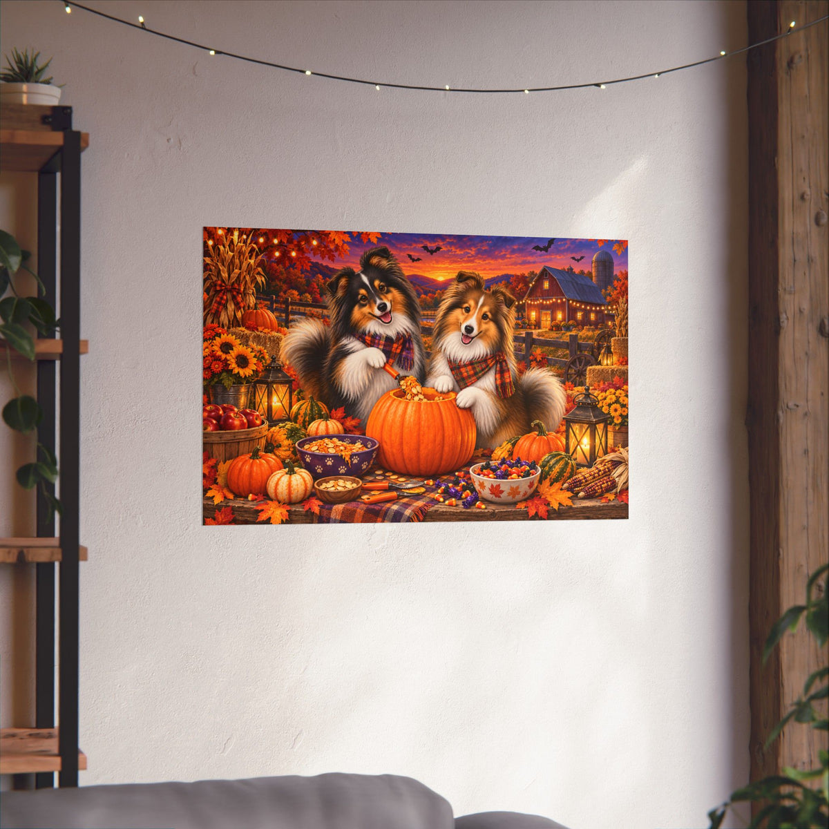 A rectangular wall art print showing two shelties carving a jack o' lantern, displayed on a white wall in a real interior with string lights, plants, and furniture partially visible.