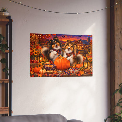 A rectangular wall art print showing two shelties carving a jack o' lantern, displayed on a white wall in a real interior with string lights, plants, and furniture partially visible.