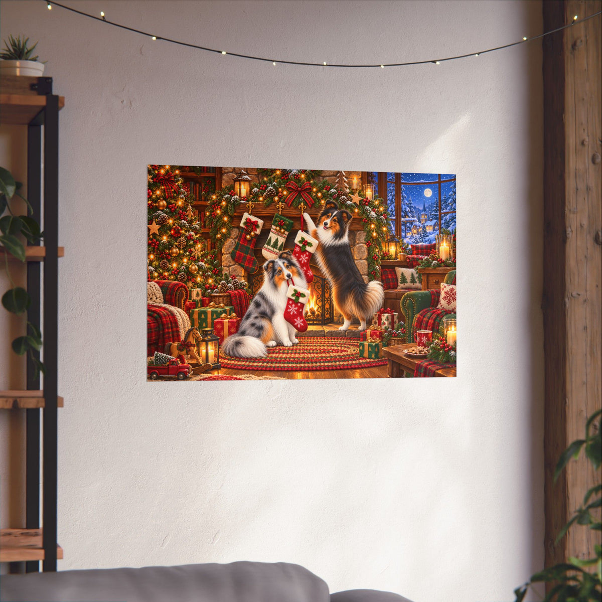 A rectangular wall art print showing two shelties hanging stockings in a cozy Christmas living room scene, displayed on a white wall above a sofa in a styled interior.