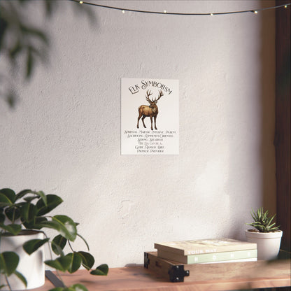 A vertical wall art print featuring a brown elk silhouette and the words 'Elk Symbolism' with smaller text beneath, displayed on a textured white wall above a wooden shelf with books and plants.