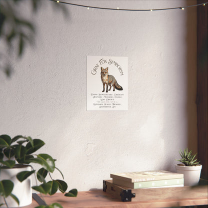 A vertical wall art print featuring a detailed illustration of a gray fox with the text 'Gray Fox Symbolism' and descriptive phrases beneath, displayed on a wall above a wooden shelf with plants in a styled interior setting.