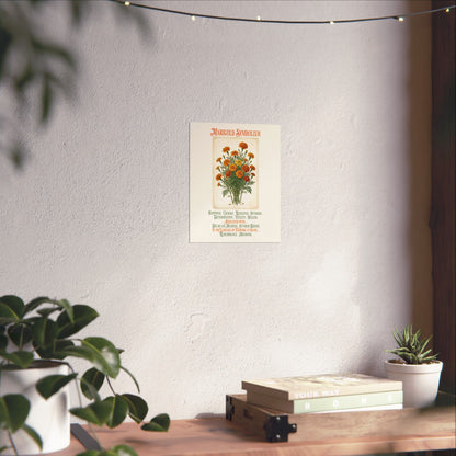 A vertical wall poster titled 'Marigold Symbolism' featuring a vintage-style illustration of orange and yellow marigold flowers with green leaves, displayed on a textured wall above a wooden console table with plants.