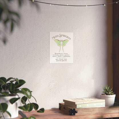 A vertical wall art print featuring a green luna moth illustration and the text 'Moth Symbolism' with meanings below, displayed on a textured wall in a styled room with plants and a wooden shelf.