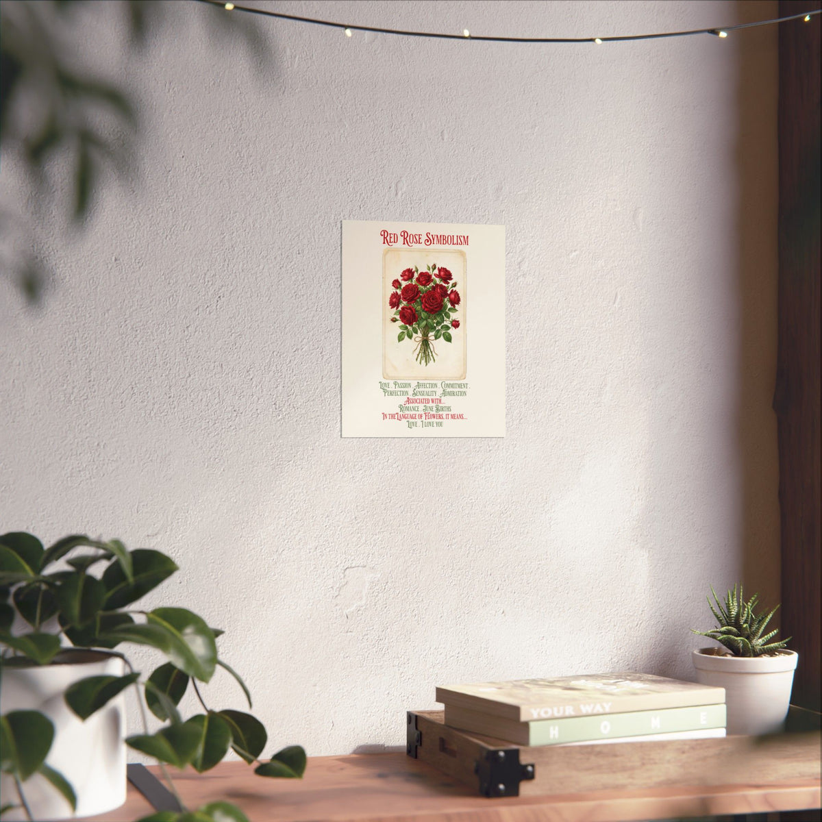 A vertical wall art print featuring a vintage-style illustration of red roses with the text 'RED ROSE SYMBOLISM' and romantic definitions beneath, displayed on a light wall above a wooden console with plants and books.