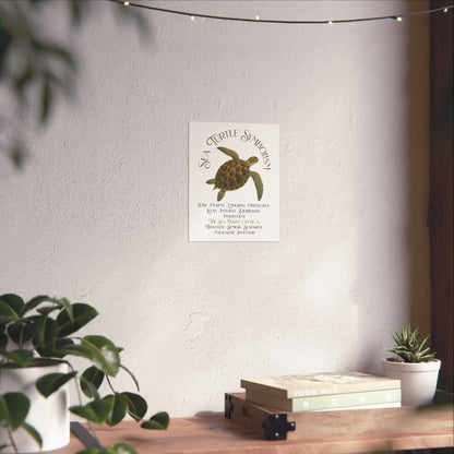 A vertical wall art print featuring a sea turtle illustration and the words 'Sea Turtle Symbolism' with descriptive text below, displayed on a wall above a wooden shelf with plants and books.