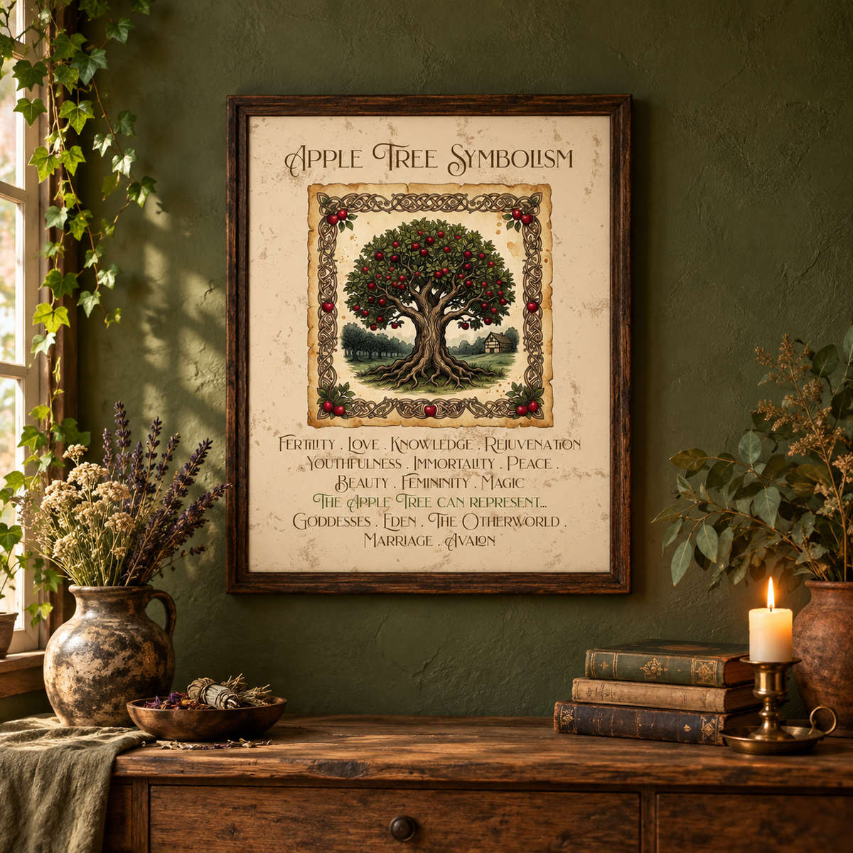A framed art print titled 'Apple Tree Symbolism' hangs on a dark olive green wall above a rustic wooden console table with vases of flowers, a bowl full of bundled herbs, books, and a candle.