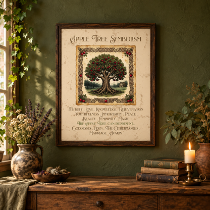 A framed art print titled 'Apple Tree Symbolism' hangs on a dark olive green wall above a rustic wooden console table with vases of flowers, a bowl full of bundled herbs, books, and a candle.